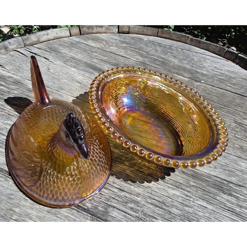 Indiana Glass Amber iridescent Carnival Glass Hen on Nest Covered Dish Rare VTG